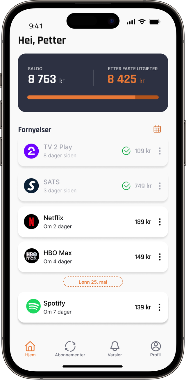 Lumo app som viser oversikt over faste utgifter